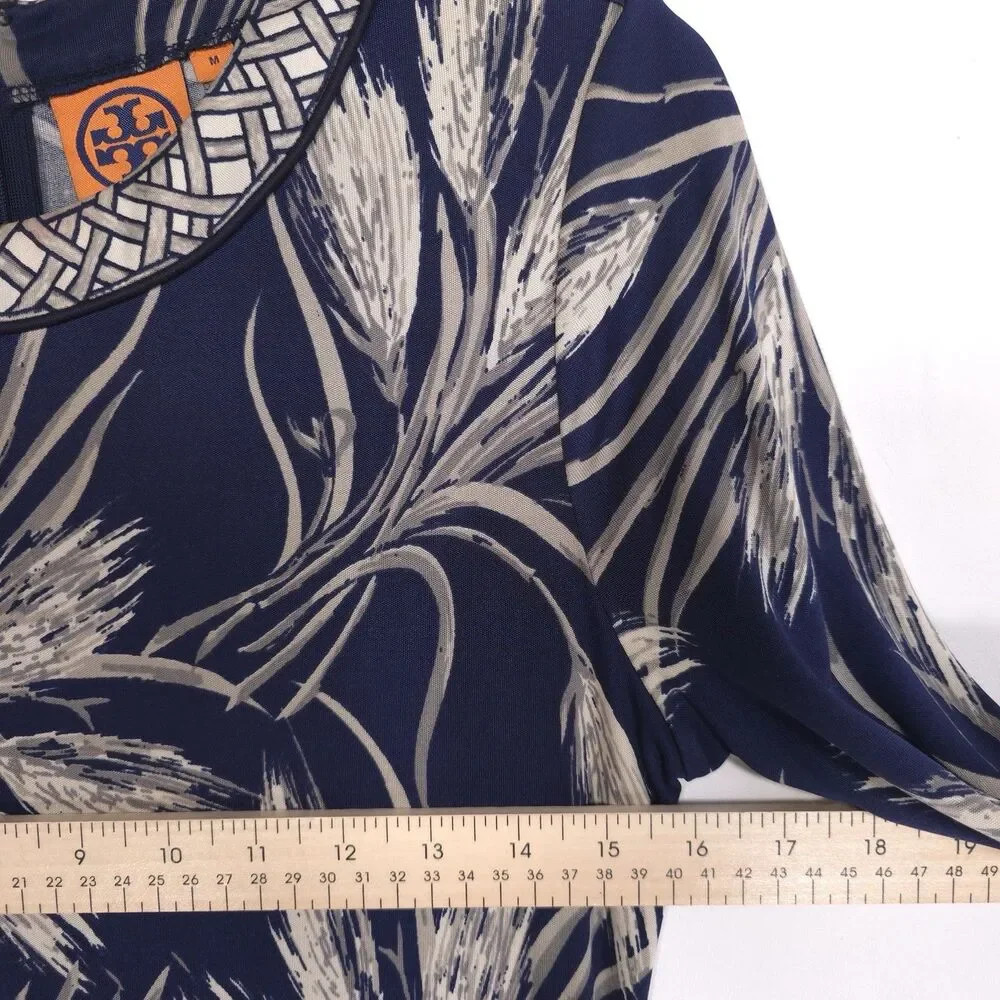 TORY BURCH Women’s Dress MEDIUM 100% SILK Floral Navy Gray Flounce Hem‎ 11132405